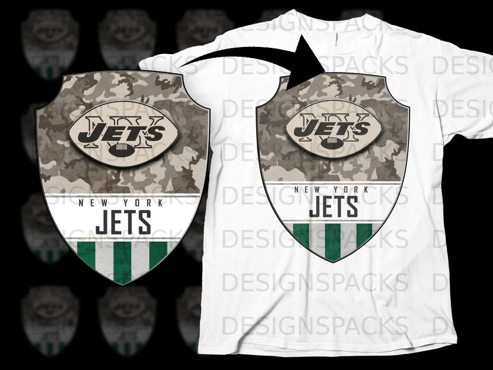 New York Jets shield logo with camouflage and green stripes on a white t-shirt.
