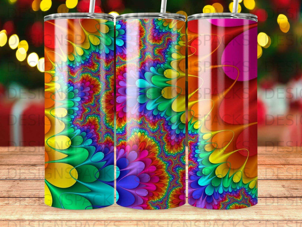 Three tumblers with vibrant, psychedelic fractal patterns.
