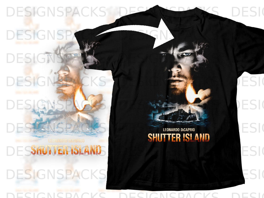 Black t-shirt with "Shutter Island" movie poster design featuring Leonardo DiCaprio.
