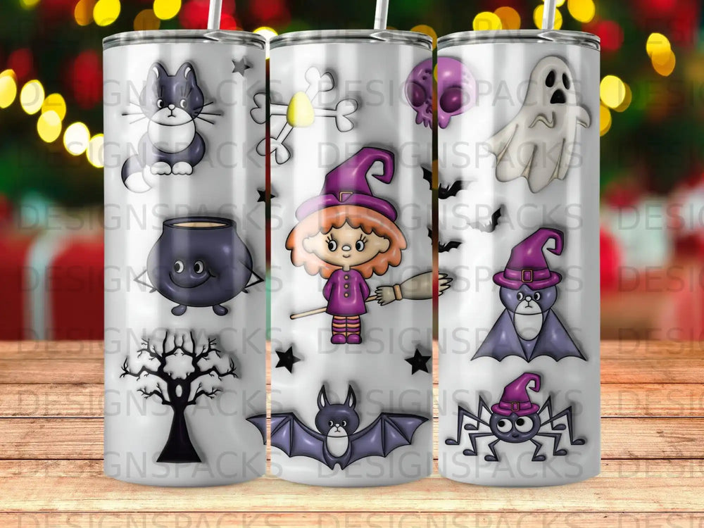 Three Halloween-themed tumblers with ghosts, cats, witches, bats, and spiders.