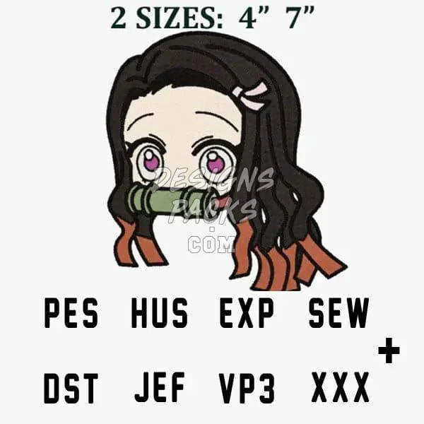 Nezuko kamado Chibi Kawaii Anime Embroidery Design