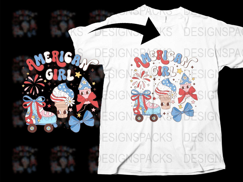American Girl Patriotic T-Shirt, Red White and Blue, Independence Day Apparel, USA Gnomes Design, Fourth of July Outfit for Kids and Adults.