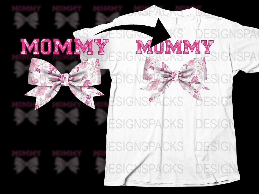 Mommy and Me Matching T-Shirt and Bow Set, Pink Breast Cancer Awareness Ribbon Pattern, Gift for Mothers