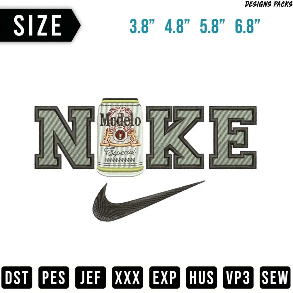Embroidery design of "Nike" logo with a Modelo Especial beer can.