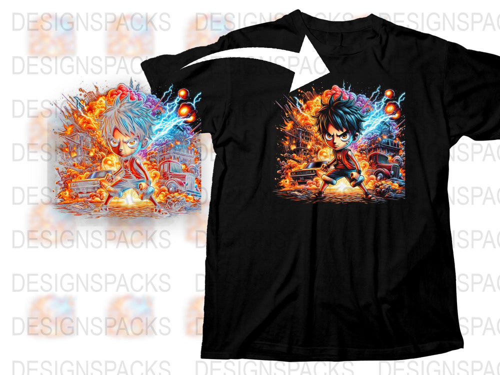 Anime Inspired Fire and Ice Graphic T-Shirt, Cool Battle Scene, Vibrant Colors, Unisex Fashion Tee