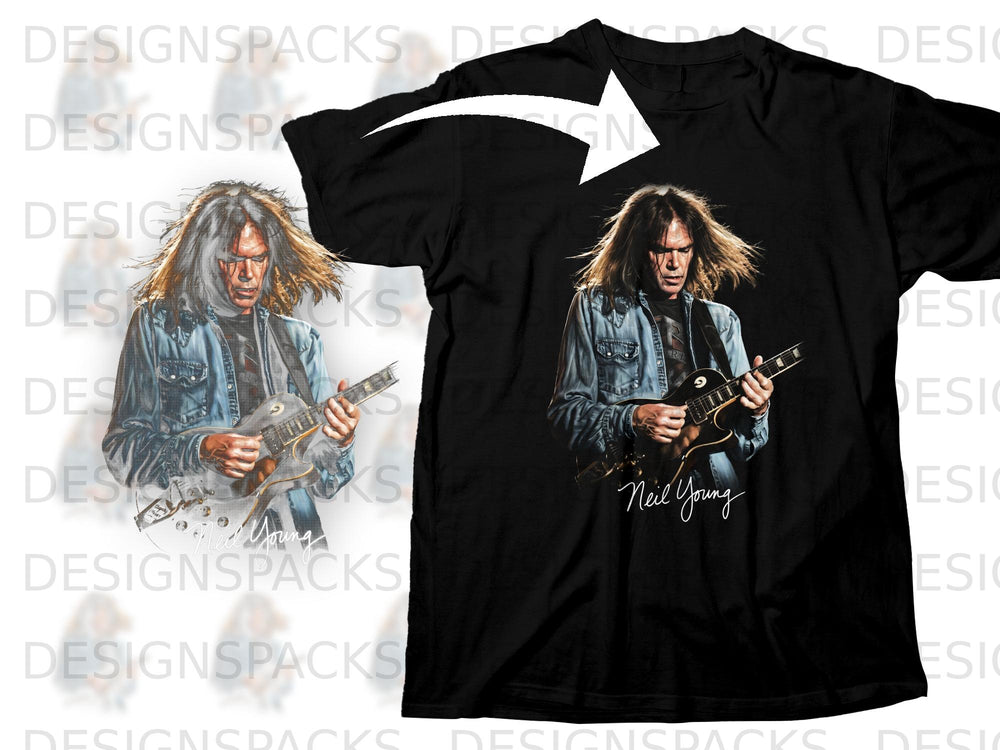 Black t-shirt with a Neil Young graphic and his signature.