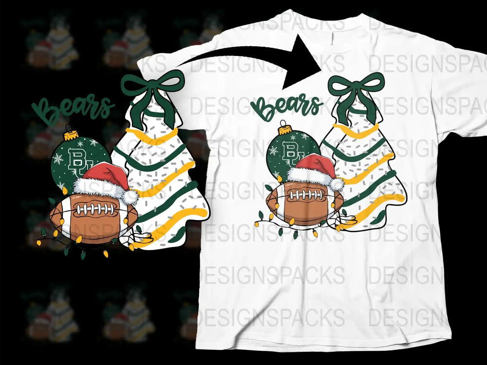 Festive Holiday Bears T-Shirt, Christmas Lights and Santa Hats Design, Green and Gold Colors