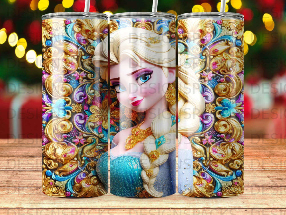 Frozen Elsa with ornate gold and blue floral pattern on tumbler.