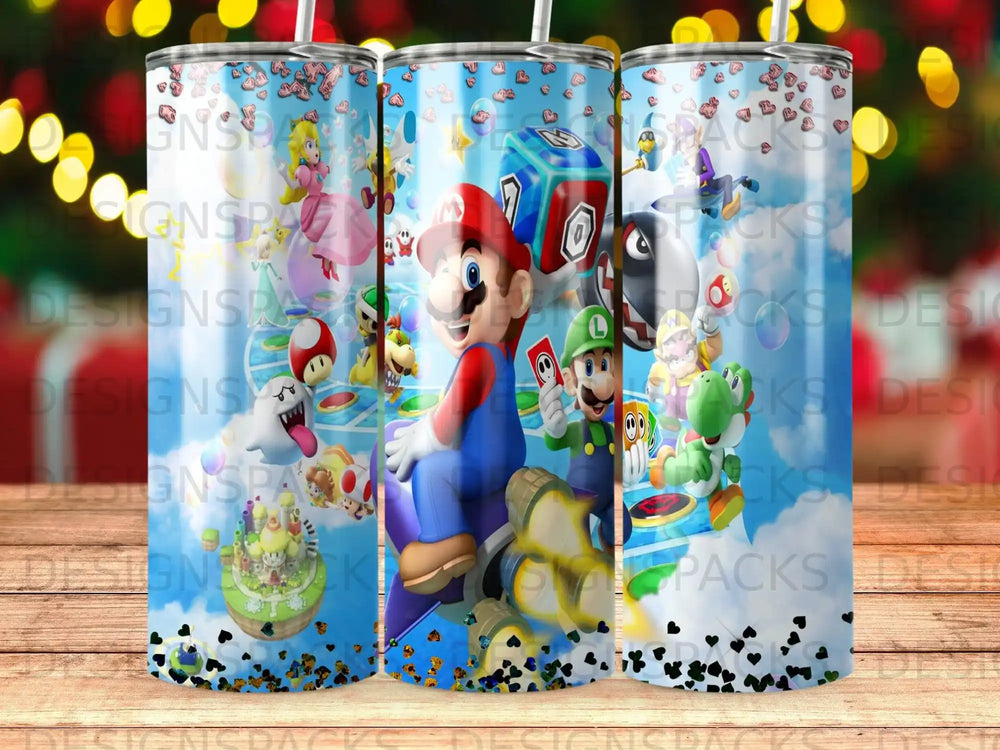 Mario Kart characters and items on a vibrant, colorful background.