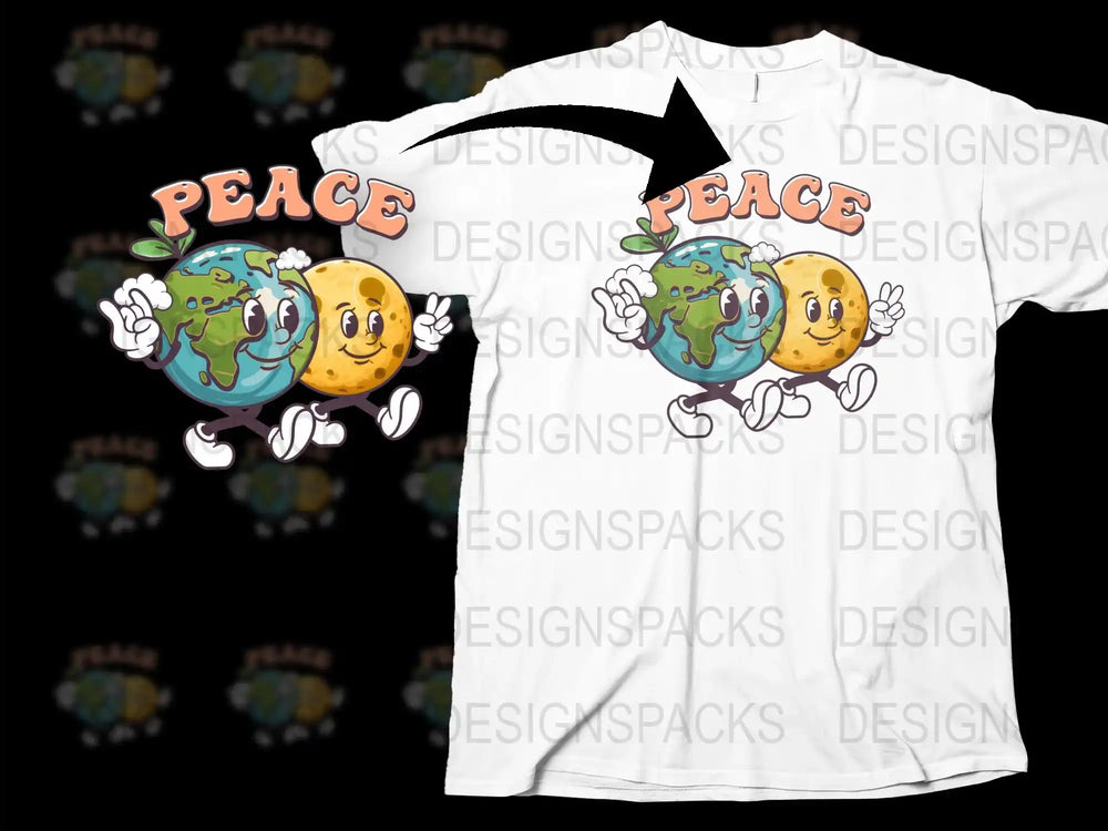 Colorful Peace Earth and Moon Cartoon Graphic T-Shirt, Unisex Tee, Fun Space Design, Casual Apparel