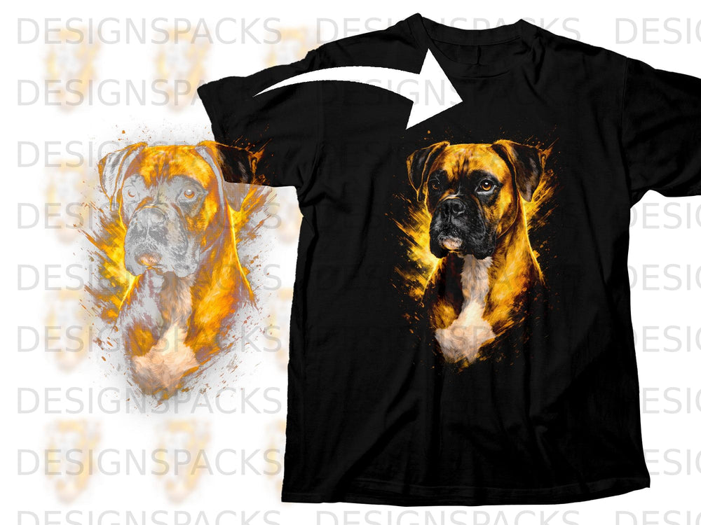 Black t-shirt with abstract boxer dog graphic and white arrow.