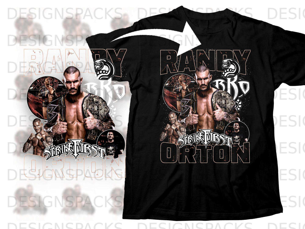 Black t-shirt featuring Randy Orton with "Strike First" and "Bro" text.