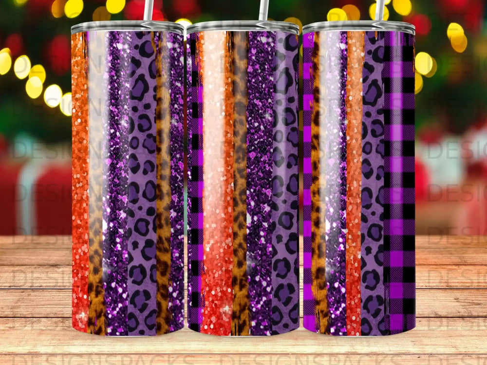 Three tumblers with leopard, glitter, and plaid patterns.