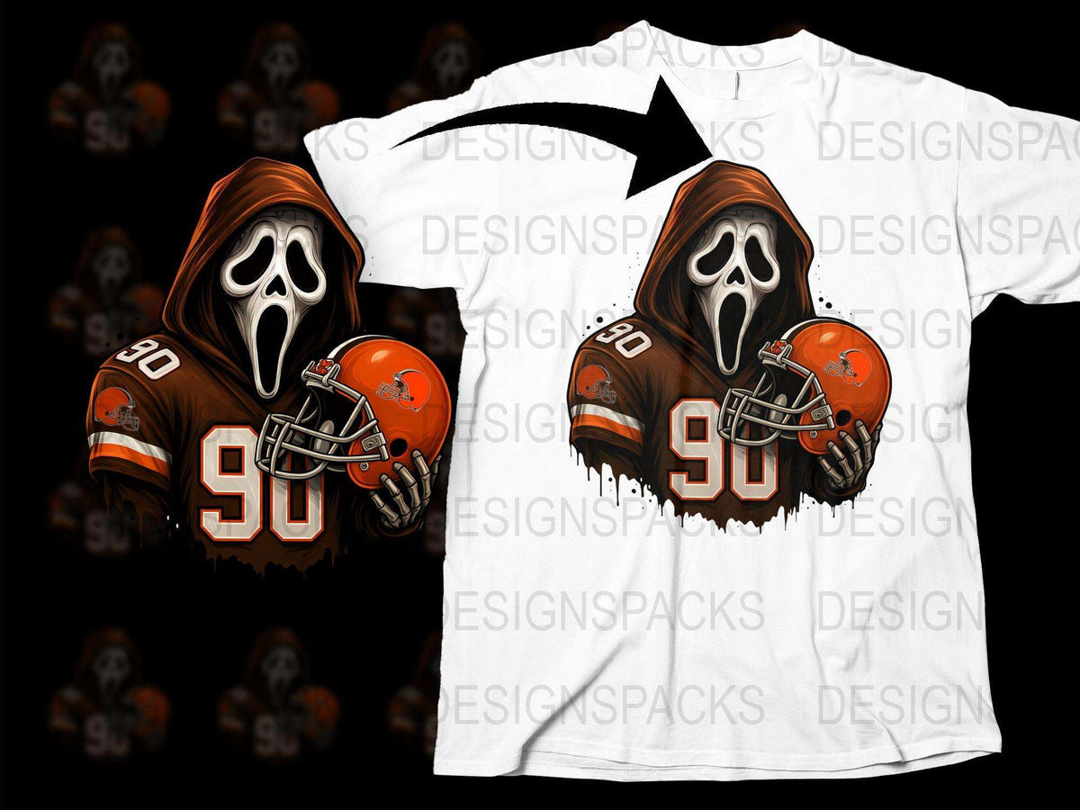 Halloween Sports T-Shirt, Scary Football Player Graphic Tee, Ghostly Skull Helmet Design, No. 90