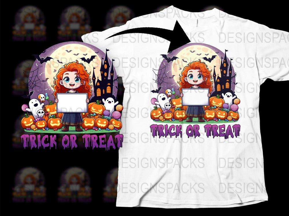 Kids Halloween T-Shirt, Cute Ghosts and Pumpkins, Trick or Treat Tee, Cartoon Witch Girl Graphic, Purple Haunted House, Festive Fall