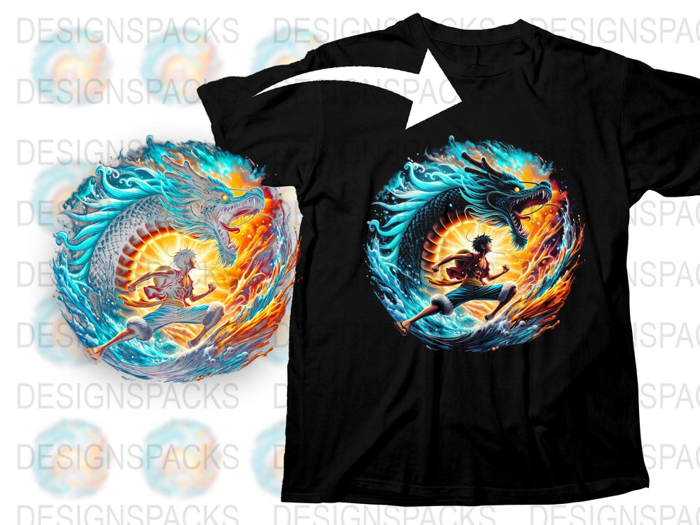 Dragon and Phoenix T-Shirt, Mythical Creatures Art, Blue Orange Graphic Tee, Unisex Fire and Water Design Shirt