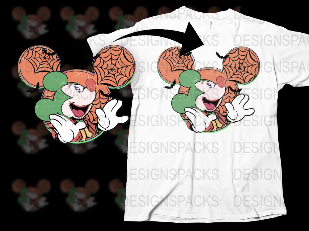 Halloween Themed T-Shirt with Cartoon Mouse and Spiderwebs, Spooky Fun Tee for All Ages