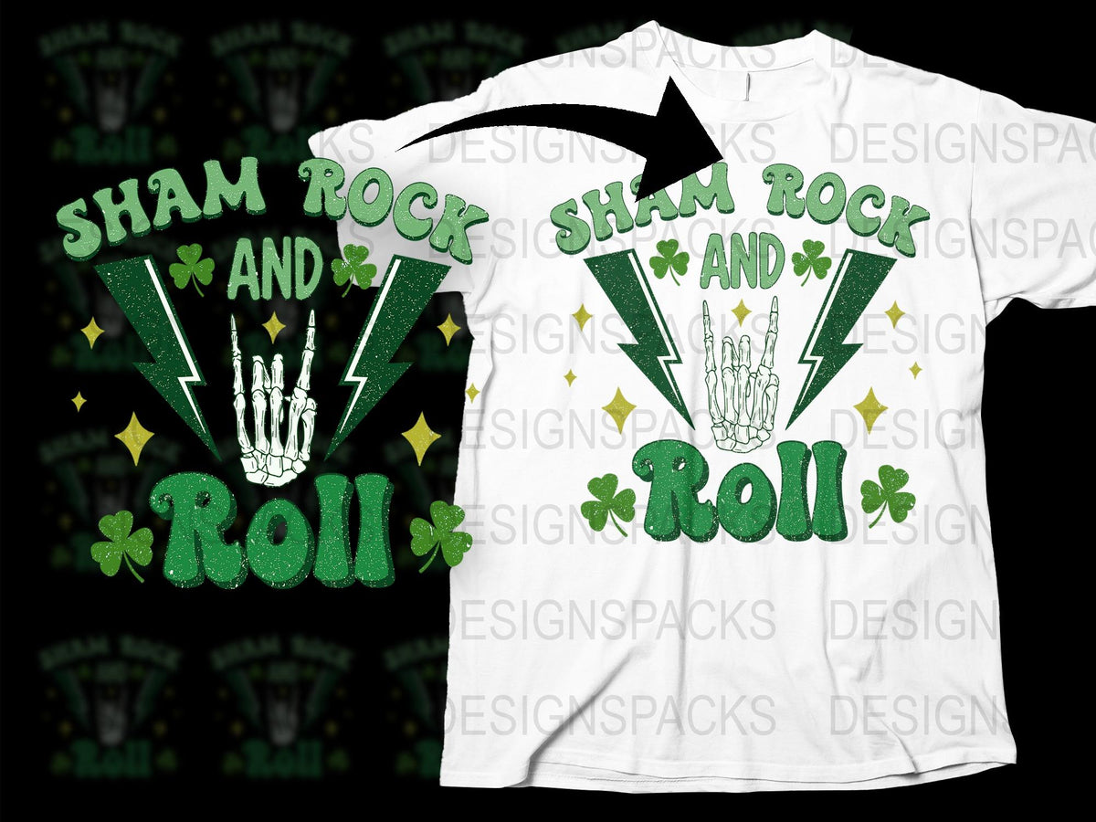 Sham Rock and Roll T-Shirt, St. Patrick's Day Tee, White Graphic Shirt with Green Text, Festive Irish Clothing, Unisex Adult Sizes