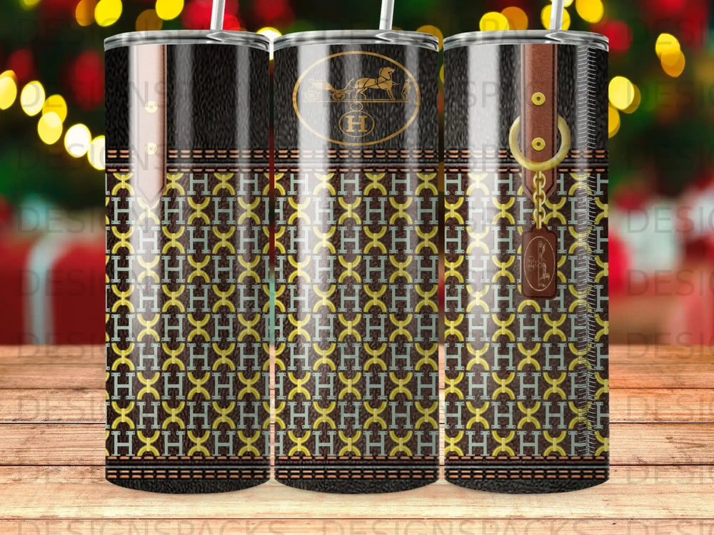 Three tumblers with a brown leather strap and a gold H logo pattern.
