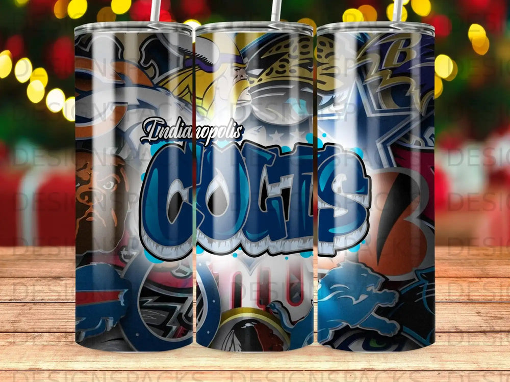 Indianapolis Colts logo with team colors and city skyline.