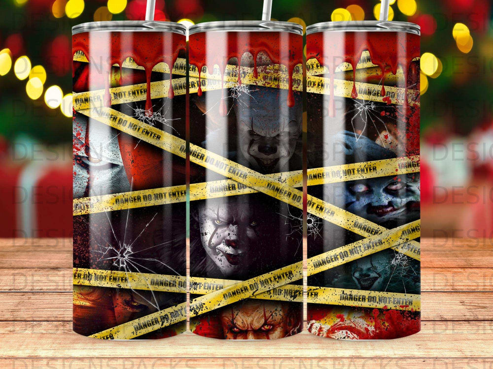 Creepy clown face and "DANGER DO NOT ENTER" tape on a tumbler.