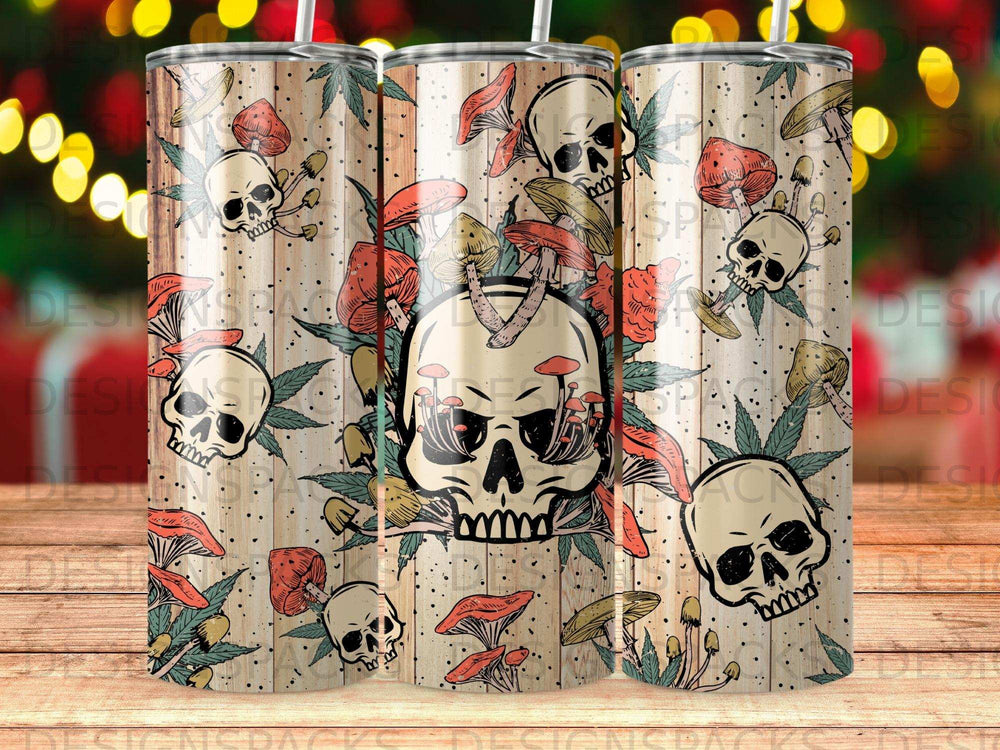 Skull and mushroom pattern on a wooden background, featured on multiple tumblers.