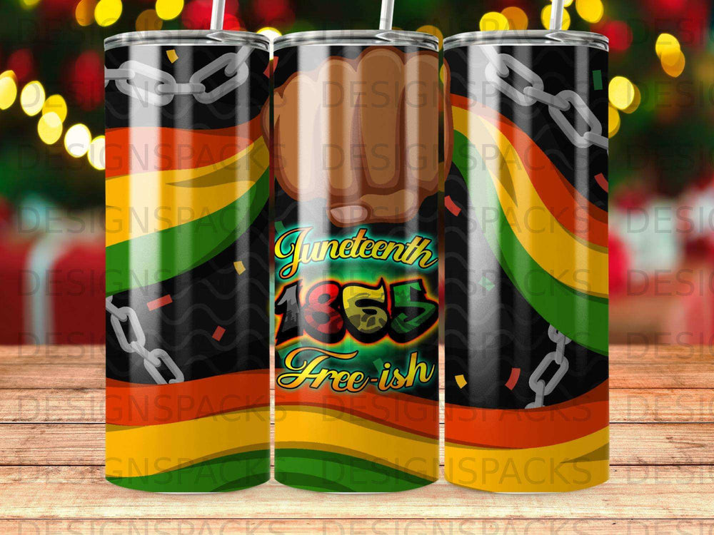Tumbler with Juneteenth 1863 Free-ish text and chain design.