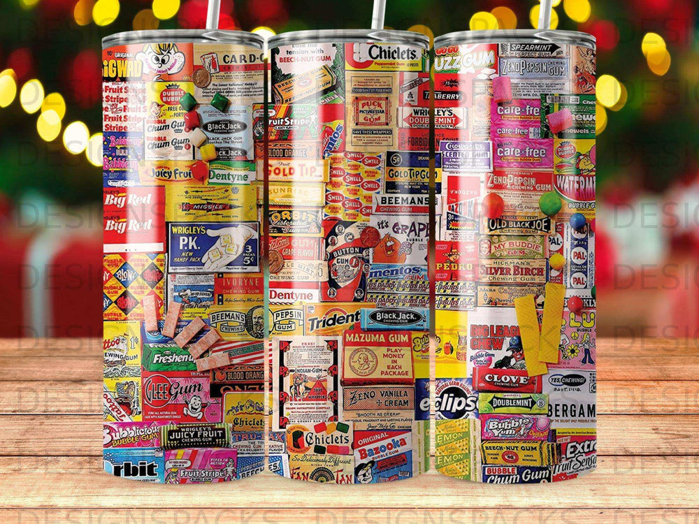 Assortment of vintage and modern chewing gum wrappers and packs.