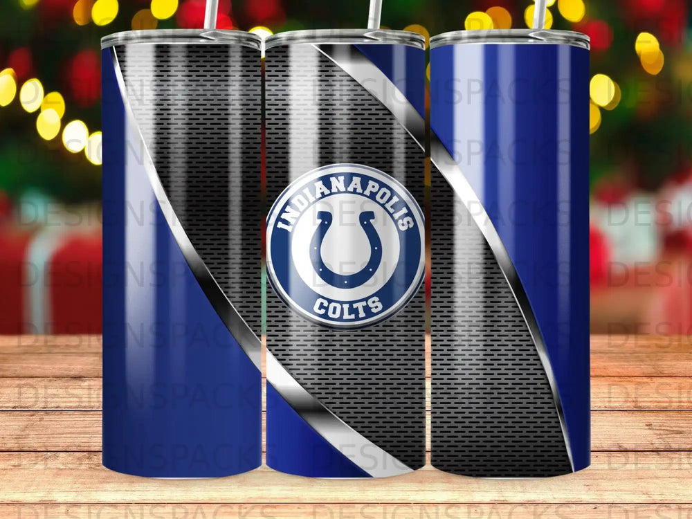 Indianapolis Colts logo on a blue and silver metallic patterned tumbler.