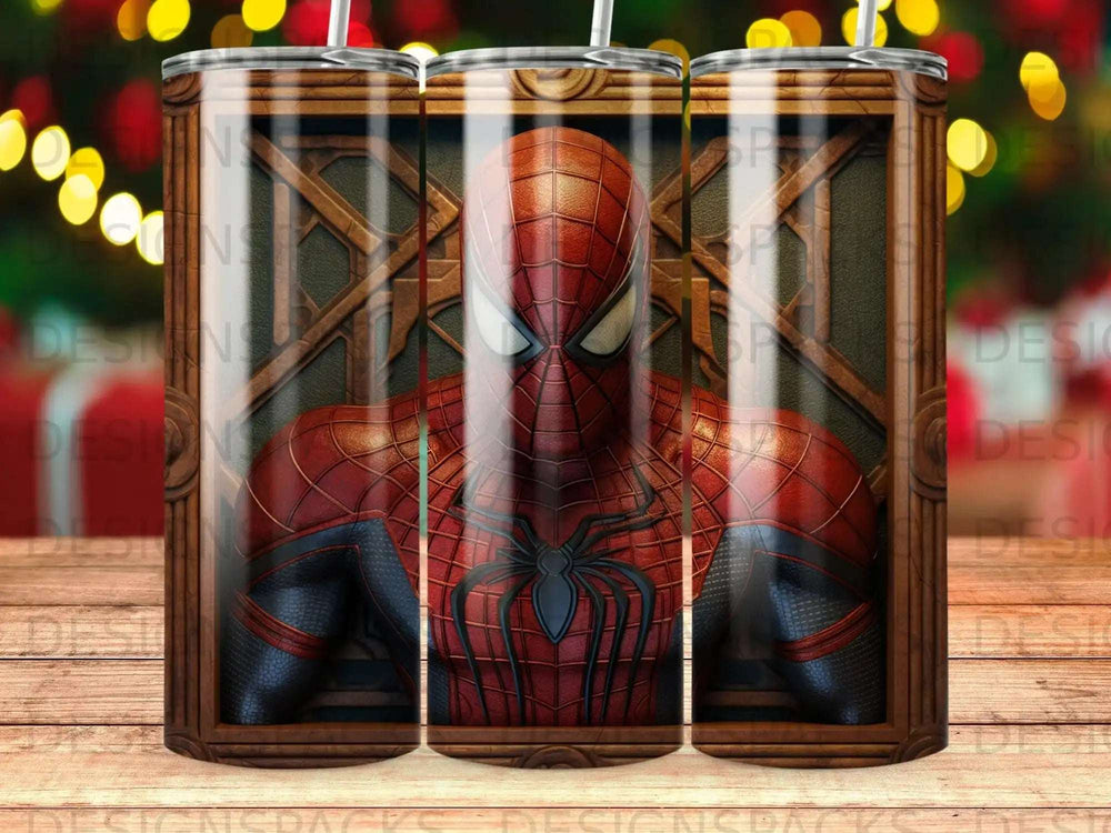 Spiderman superhero bust on a sublimated tumbler with straw.