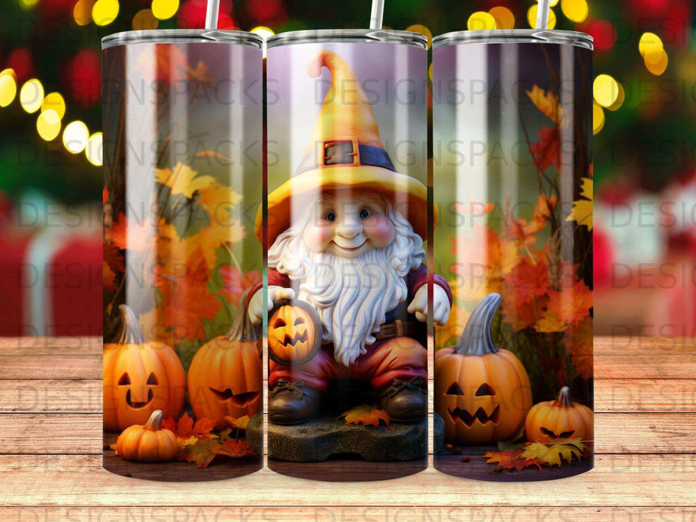 Gnome with pumpkins and autumn leaves on a textured background.