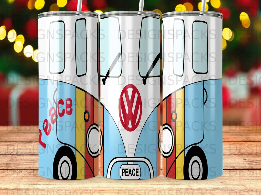 Blue and white camper van with "Peace" text on a tumbler.