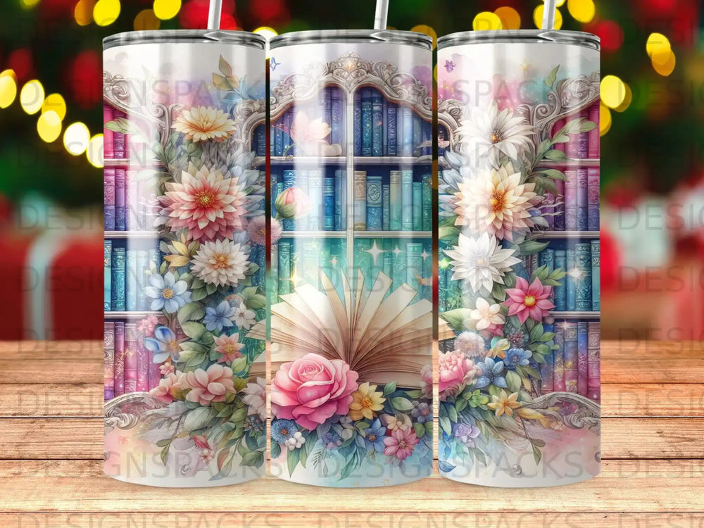 Book with flowers and colorful lights, suitable for a tumbler.