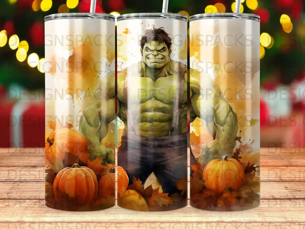 Hulk wearing suspenders and jeans, surrounded by pumpkins and autumn leaves.