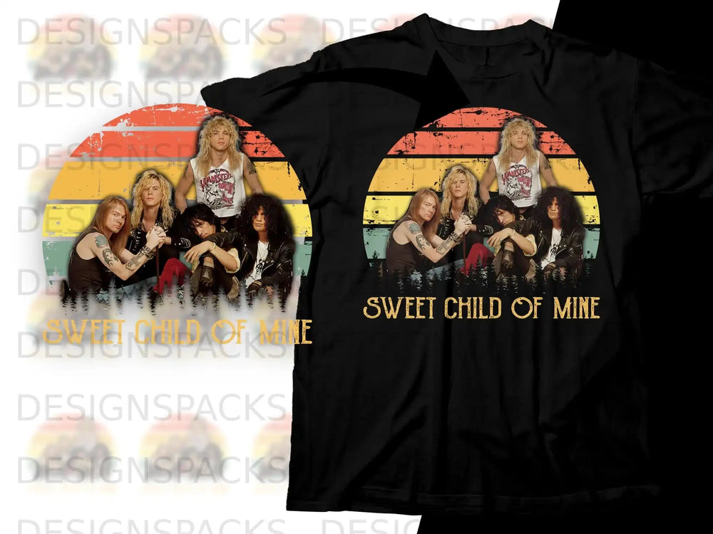 Guns N' Roses band members with "Sweet Child of Mine" text on a shirt.