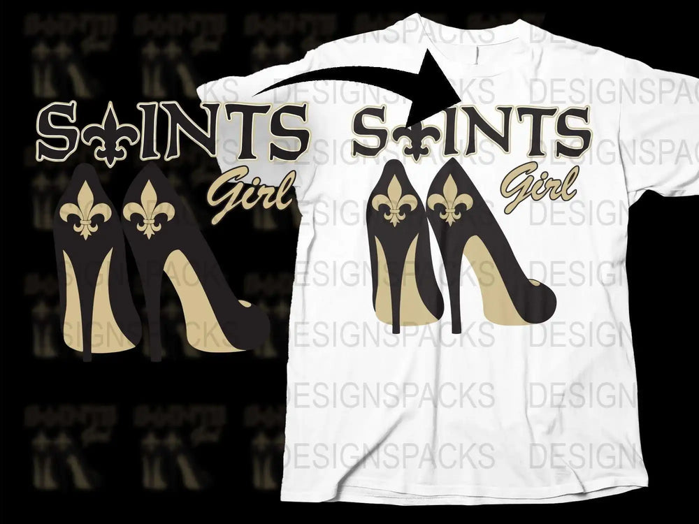 Saints Girl T-Shirt, Fleur-de-Lis High Heels Graphic Tee, Black and Gold Football Fan Apparel, Stylish Women's Fashion Top