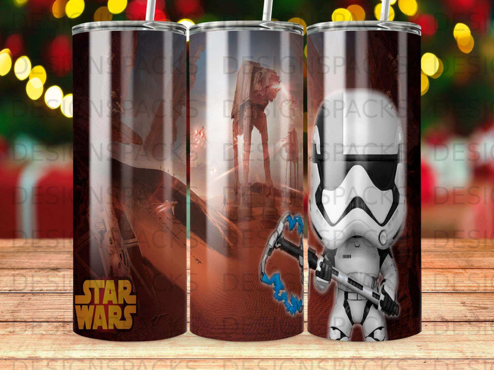 Star Wars stormtrooper tumbler with desert background and character graphic.