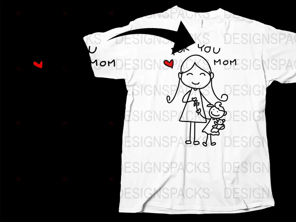 Cute Mom and Child Cartoon Design T-Shirt, White Graphic Tee, Family Love Apparel