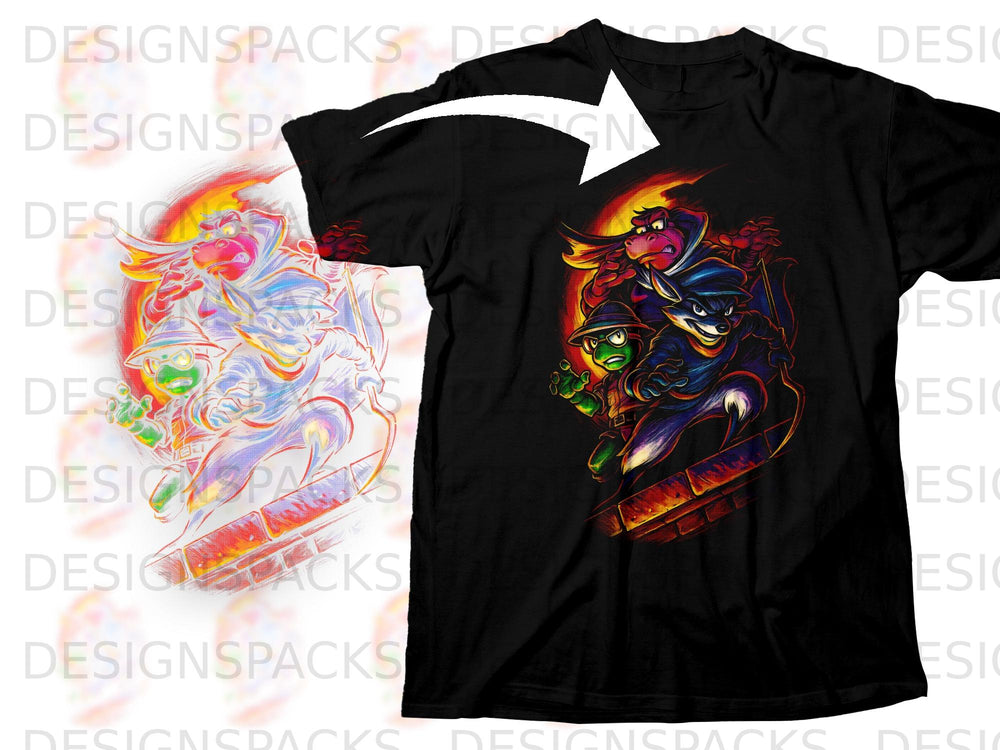 Black t-shirt with cartoon characters Sly Cooper, Bentley, and Murray in a fiery graphic.