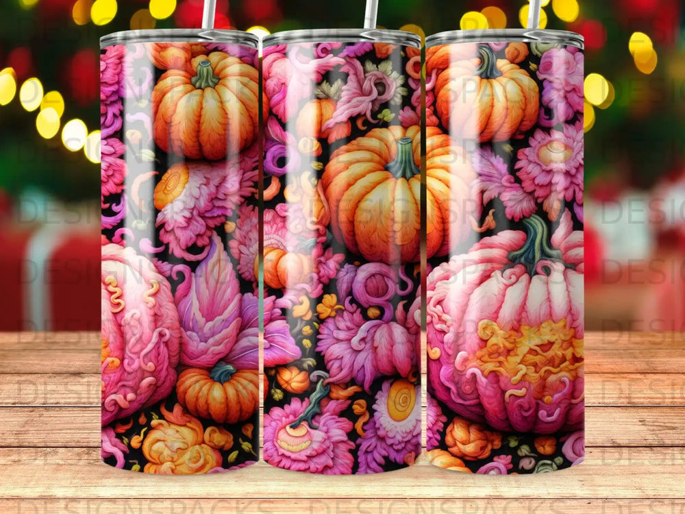 Three tumblers with a floral and pumpkin pattern, lit from behind.