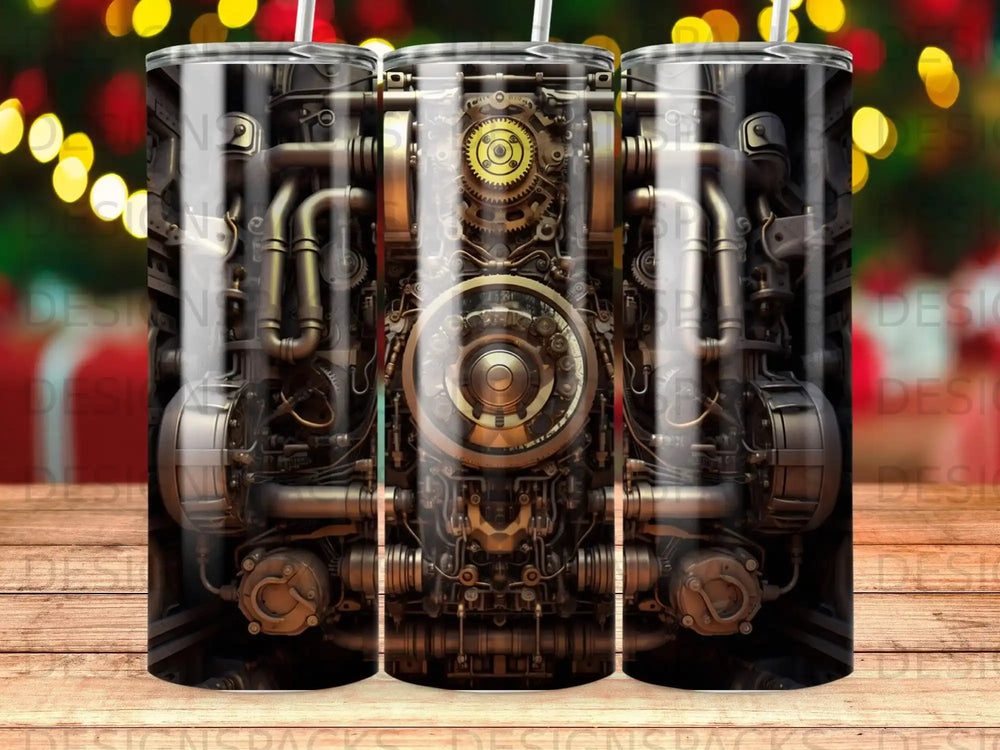 Steampunk mechanical gears and pipes design on a triple tumbler set.