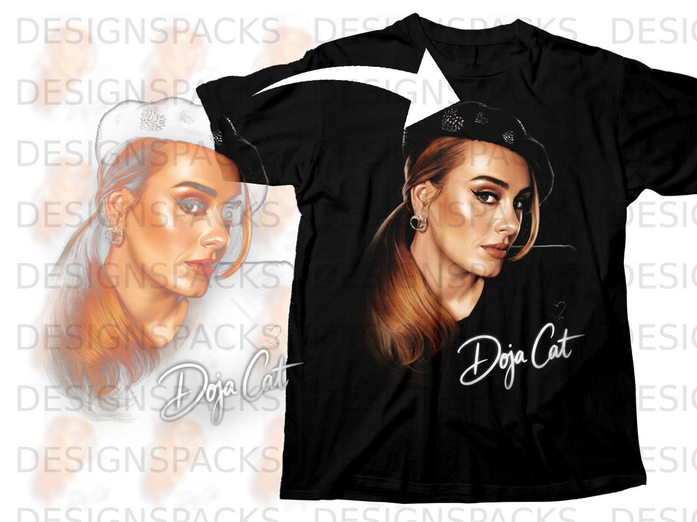 Black t-shirt with a graphic of Doja Cat and her name in script.