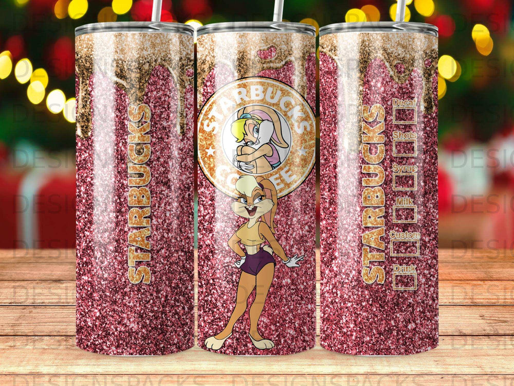 Starbucks tumbler with Lola Bunny, glitter, and drink options.