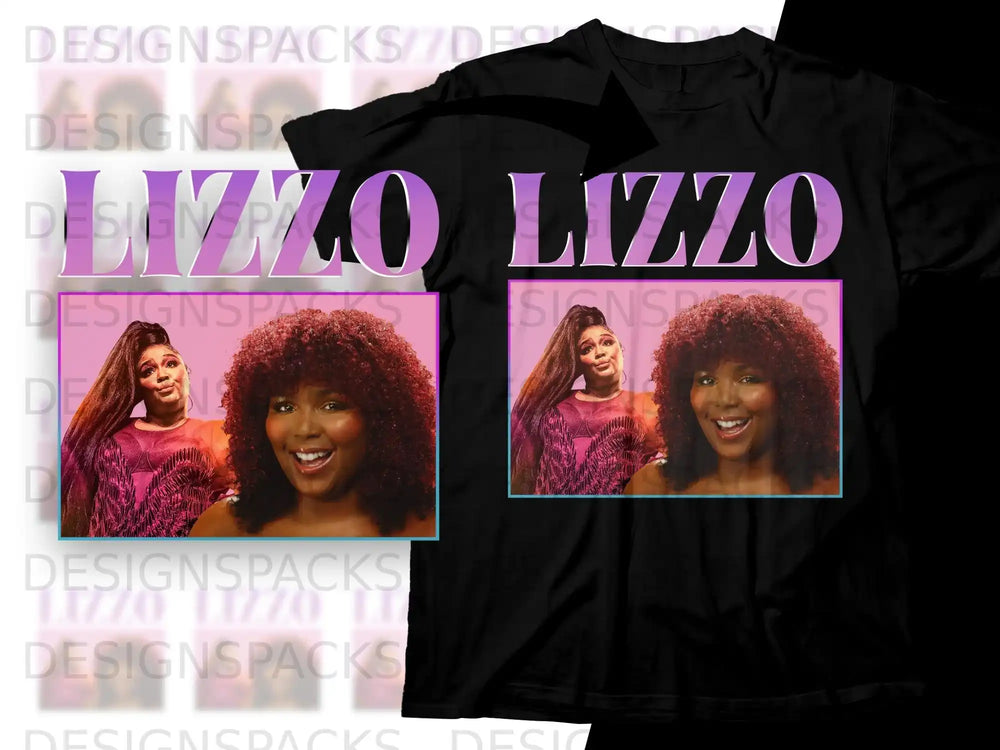 Lizzo in a pink top, smiling, with the word "LIZZO" in large purple letters.