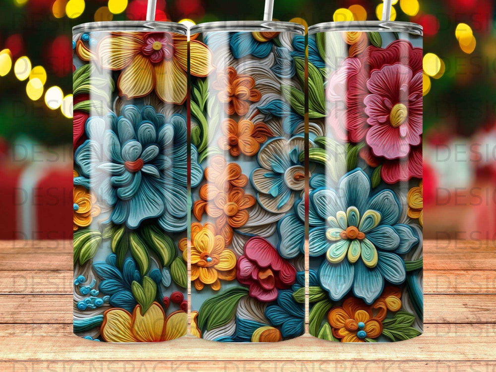 Floral pattern tumbler with colorful flowers and textured details.