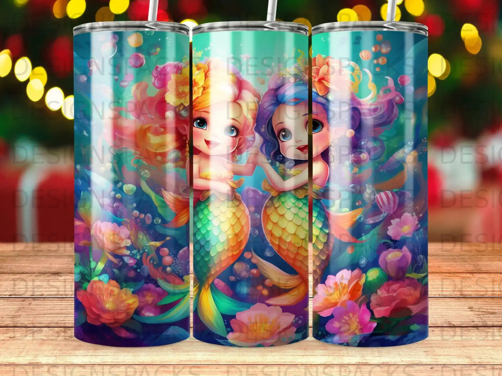 Two cartoon mermaids with colorful tails embrace among flowers and bubbles.
