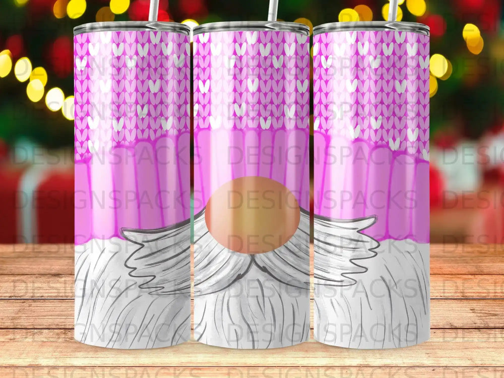 Pink and white gnome tumbler with a textured knit pattern.