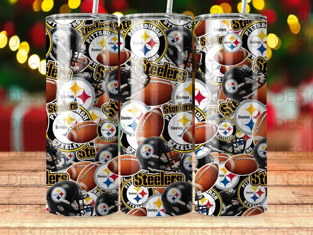 Pittsburgh Steelers football helmets and logos on a pattern of tumblers.