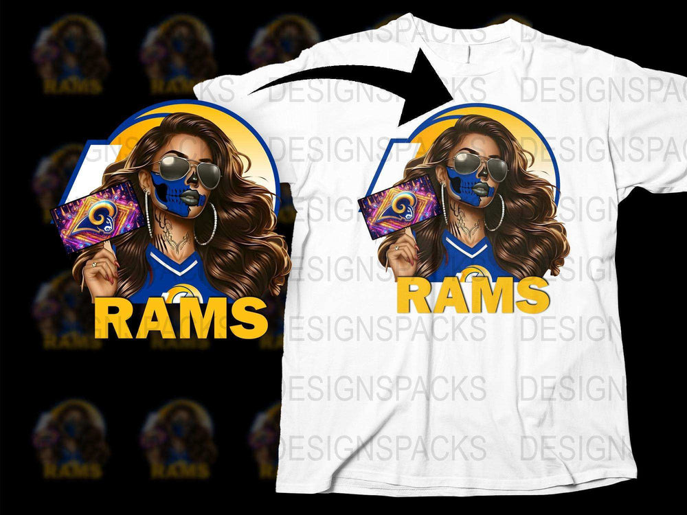 Rams Fan T-Shirt Funky Woman Design, Stylish Sunglasses, Sports Team Apparel