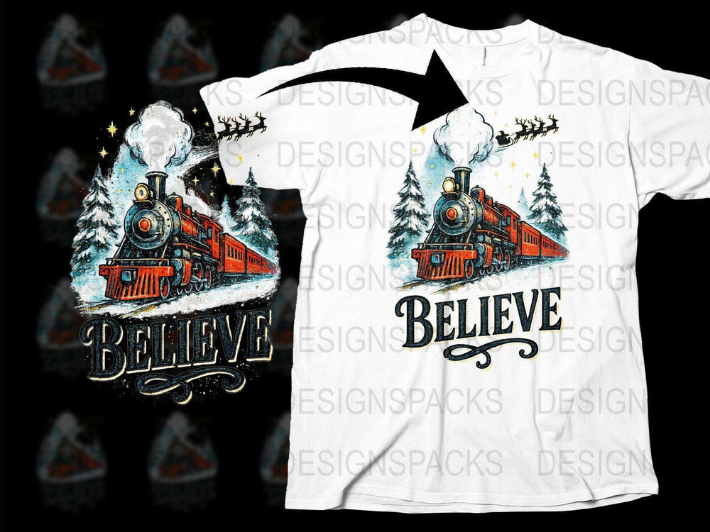 Believe Holiday Train T-Shirt, Vintage Locomotive Christmas Tee, Snowy Scene, Winter Apparel for Adults and Kids